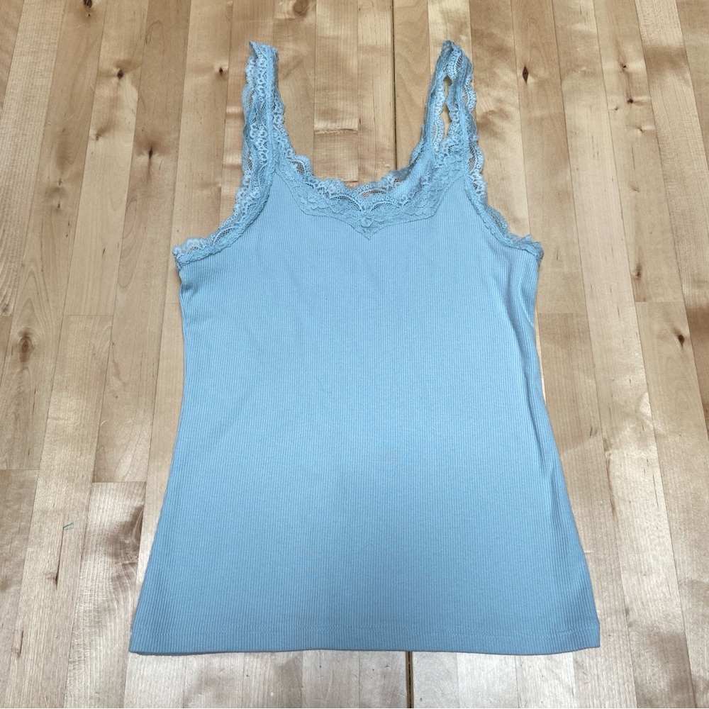 SO Pale Blue Ribbed Lace-Trim Tank